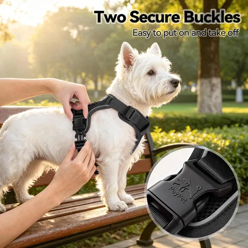 Vista 6 de PoyPet - Arnés para perro reflectante de malla suave y transpirable, chaleco doble acolchado sin estrangulamiento, ajustable (negro, XS)