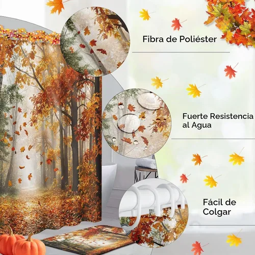 Vista 8 de ArtSocket Juegos de baño de otoño con cortina de ducha y alfombras, arce