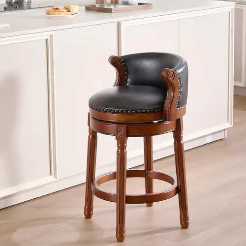 Vista 18 de RAINMOOD Taburete de bar, taburetes de bar giratorios de estilo moderno de mediados de siglo con asiento de cuero y patas de madera, silla
