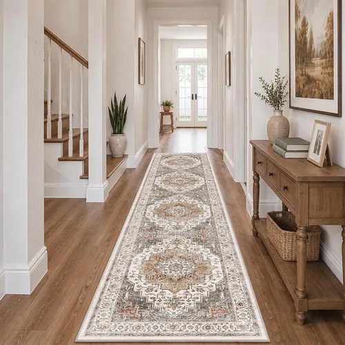 Vista 50 de Alfombra de pasillo vintage de 2 x 6 pies de pelo bajo Marrón beige
