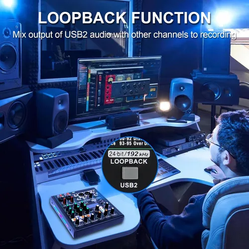 Vista 5 de Mezclador de audio de 6 canales, mezclador de DJ, luz de respiración RGB, 99 efectos DSP, interfaz de audio USB, Bluetooth fantasma de 48 V, alta