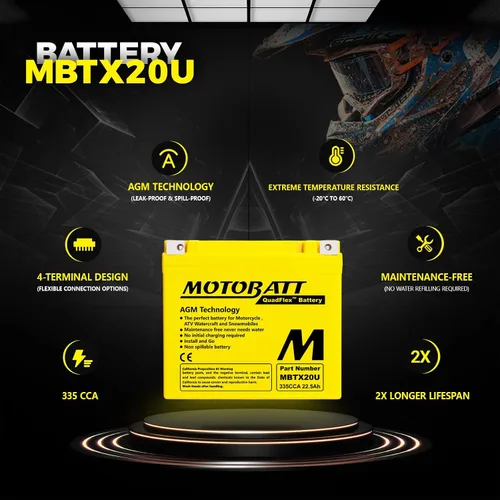 Vista 3 de MotoBatt MBTX20U (12V 21 Amp) 280CCA Batería activada de fábrica, no necesita mantenimiento, QuadFlex AGM