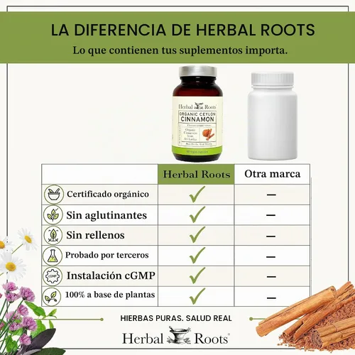 Vista 8 de Herbal Roots Cápsulas orgánicas de canela de Ceilán, certificado orgánico por USDA, soporte circulatorio, 60 cápsulas veganas