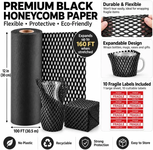 Vista 2 de Papel de embalaje de panal de abeja, papel de embalaje de 12" x 100', alternativa sustitutiva para envoltura de amortiguación de burbujas para Negro