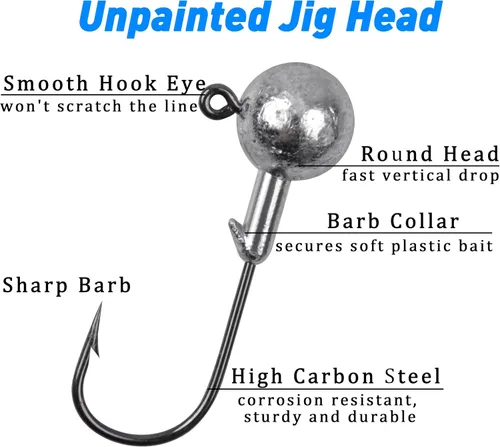 Vista 2 de Jig Heads anzuelos de pesca para Crappie Jigs sin pintar, bolas redondas, afilados, anzuelos de pesca para lubina, trucha, crappie, lucioperca, agua