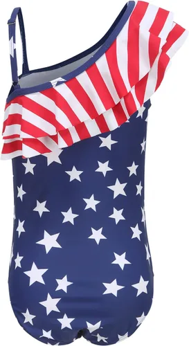 Vista 2 de Trajes de baño de una pieza para niñas, traje de baño con volantes de un hombro Bandera estadounidense 06