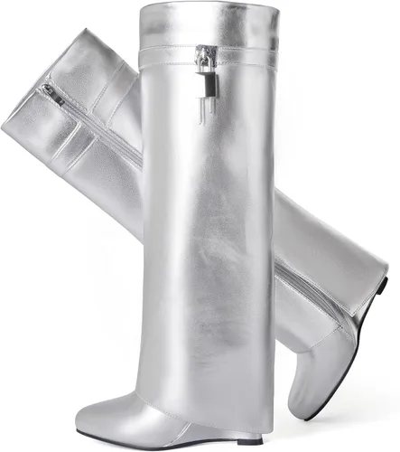 Vista 17 de Botas plegables puntiagudas con tacón de cuña para mujer, botas hasta la rodilla con diseño de candado y cremallera lateral Beige