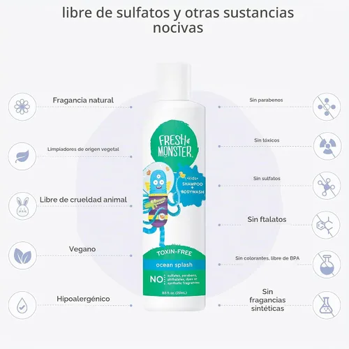 Vista 4 de Fresh Monster Kids Champú y Lavado de Cuerpo, Ocean Splash (múltiples tamaños), Paquete de 1