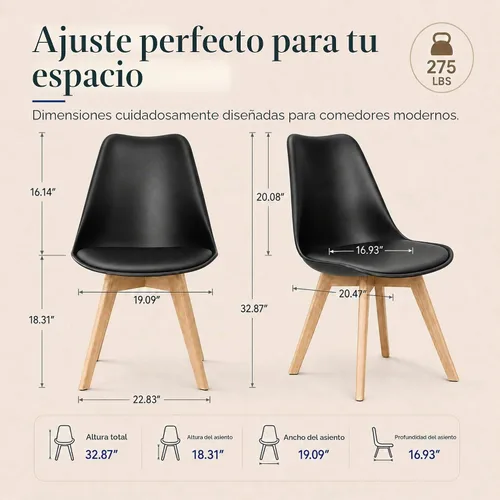 Vista 3 de Juego de 4 sillas de comedor, modernas sillas de comedor tapizadas con asiento acolchado de piel sintética, sillas de cocina sin brazos con respaldo