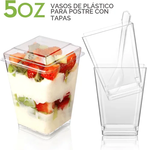 Vista 5 de Paquete de 60 tazas de postre de plástico de 5 onzas con tapas y cucharas, sirve 20 tazas de aperitivo de yogur para fiestas, mini tiradores