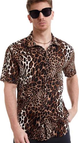 Vista 4 de Camisas de discoteca con estampado de leopardo para hombre, camisa casual de manga corta con botones