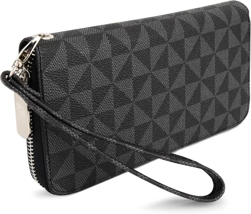 Vista 23 de Veki Billetera para mujer con doble cremallera y correa para la muñeca, monedero de cuero para tarjetas de crédito para mujeres y hombres, Negro A