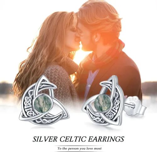 Vista 6 de Aretes de tuerca de luna celta de plata de ley 925 con nudo celta, triángulo, vintage, de buena suerte, regalos irlandeses para mujer