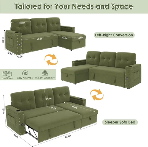 Vista 2 de HIFIT Sofá Cama Desplegable - Sofás Desplegables en Forma de L de 81" para Sala de Estar con Chaise de Almacenamiento, Reposabrazos