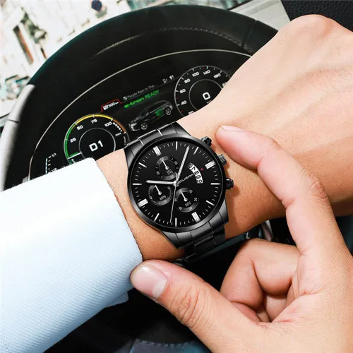 Vista 2 de yunanwa Paquete de 4 relojes para hombre, de lujo, casual, para negocios, impermeables, militares, de cuarzo, correa de acero inoxidable, dorado