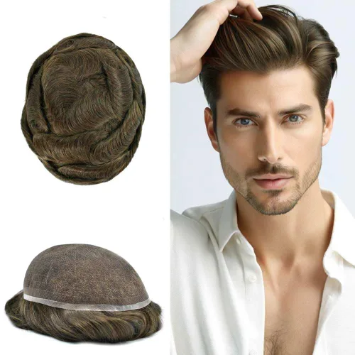 Vista 54 de Peluca de cabello humano con encaje completo, línea capilar real, para hombre, peluca de cabello con nudo blanqueado, pieza de pelo para hombres