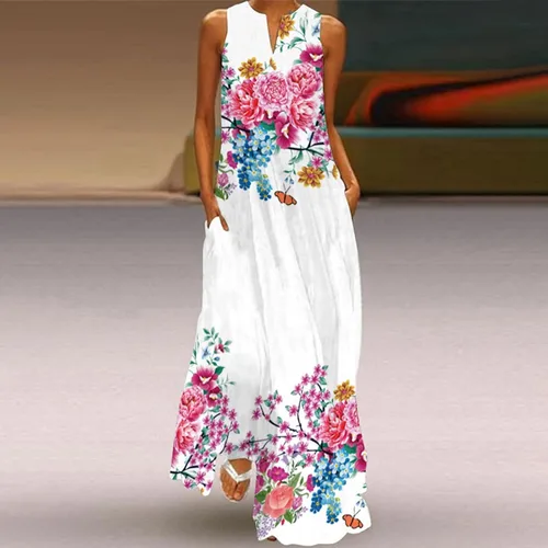 Vista 2 de ZEFOTIM Vestidos de verano para mujer 2023 de manga cortasin mangas, floral, cuello en V, vestido midi casual, a la moda, vestidos fluidos