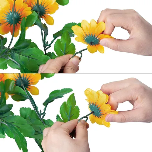 Vista 3 de 2 guirnaldas artificiales de girasol, vid de girasol con hojas, guirnalda colgante con hojas verdes, arco de flores falsas para exteriores, arreglo