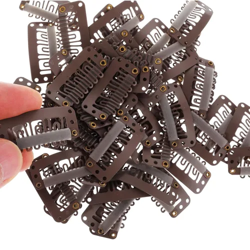 Vista 10 de Yolev 50 pinzas de extensión de cabello, pinzas de metal para peluca de 6 dientes, clips en forma de U para extensiones de peluca pequeña Beige