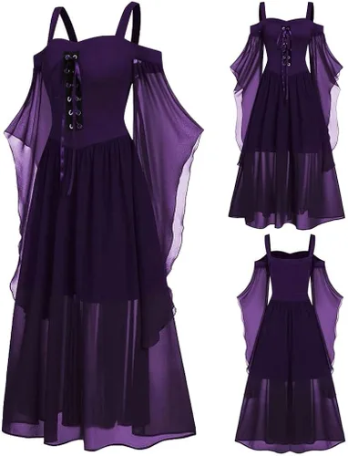 Vista 2 de SHOPESSA Disfraz medieval para mujer, manga de mariposa, vestido maxi con hombros descubiertos, vestido de corsé steampunk para mujer, ropa gótica