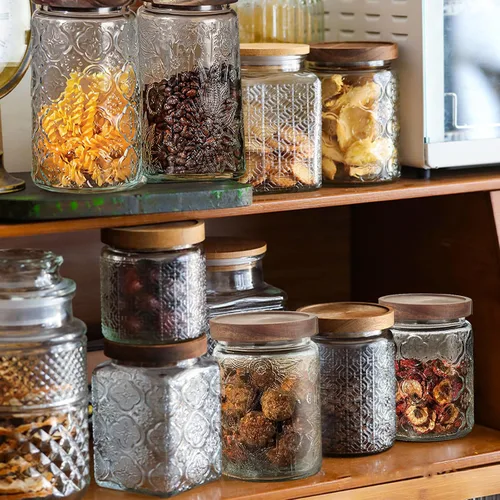 Vista 7 de Tarro de almacenamiento de vidrio de 24 onzas/4 piezas con tapas herméticas de madera de bambú, juegos de recipientes de alimentos vintage