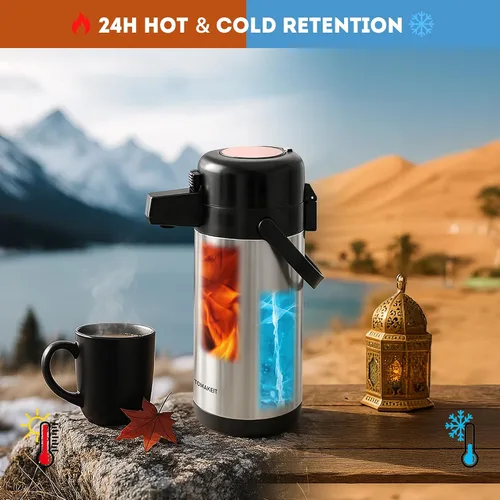 Vista 4 de Airpot - Jarra de café para mantener el calor, dispensador de café térmico de 102 oz/3 litros con bomba, dispensador de bebidas calientes de acero