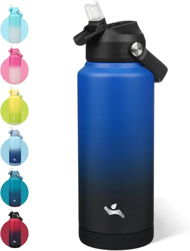 Vista 33 de Konokyo - Botella de agua deportiva aislada de acero inoxidable de 18 onzas con tapa con popote Black; BPA-free, leak-proof sports bottle with