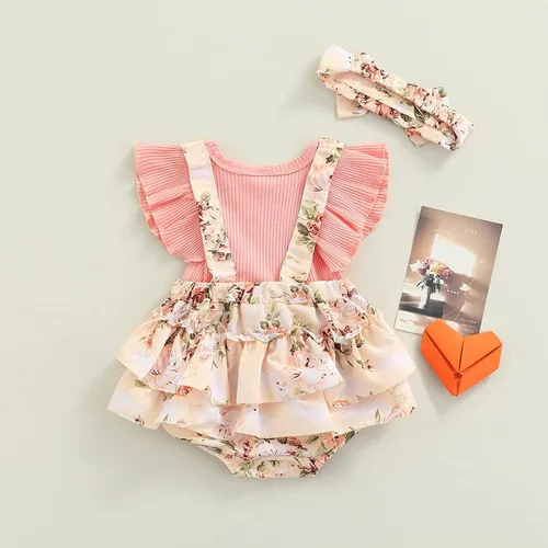 Vista 7 de Socutebabe Traje de bebé niña con estampado floral, vestido para recién nacido, con volantes, lindo traje de verano y diadema