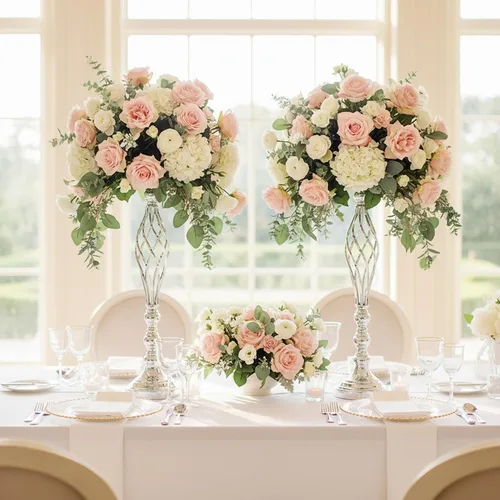 Vista 13 de 2 piezas de centros de mesa de boda para mesas de recepción, soportes de velas retorcidas, adornos, centros de mesa de metal con jarrón de flores
