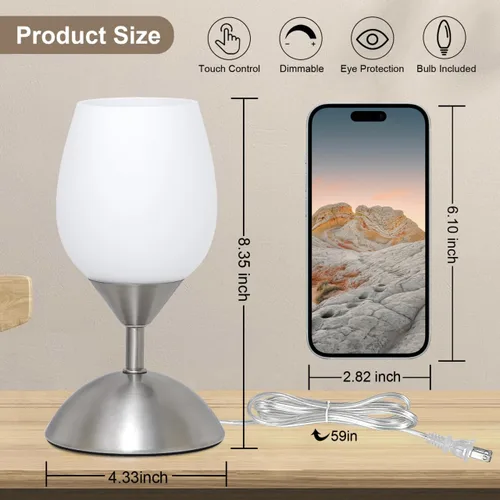 Vista 3 de Lámpara táctil pequeña para mesita de noche de dormitorio, lámparas de noche regulables de 3 vías, lámpara de escritorio de vidrio opal, base