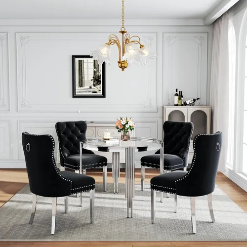 Vista 37 de Juego de mesa de comedor de cristal de 5 piezas para 4, mesa de cocina cuadrada de 37 pulgadas con 4 sillas tapizadas de terciopelo negro, mesa
