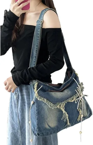 Vista 2 de Bivinke Bolsas de tela vaquera para mujeres y hombres, bolso de hombro cruzado, bolso casual, bolso retro de gran capacidad