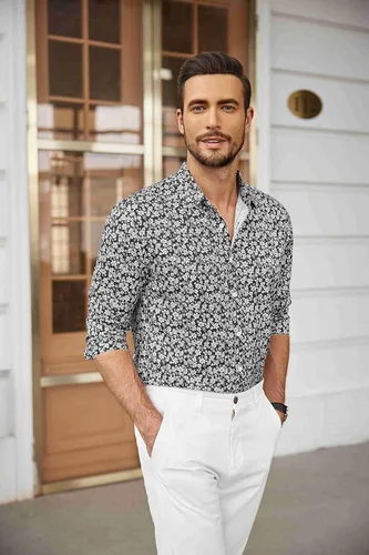 Vista 3 de COOFANDY Camisas de vestir florales para hombre, manga larga, ajuste regular, camisas casuales con botones