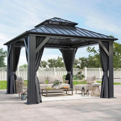 Vista 18 de GARTOO Gazebo de techo rígido para exteriores de 8 x 8 pies con techo doble Negro