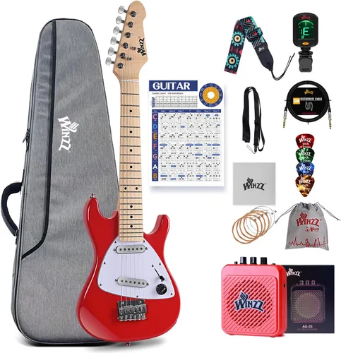 Vista 11 de Winzz - Guitarra eléctrica para niños de 30 pulgadas, kit para principiantes, guitarra eléctrica mini de tamaño 1/4 para niños, juego completo