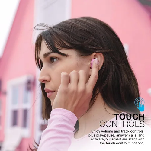 Vista 7 de JLab Go Air Pop+ Auriculares Bluetooth inalámbricos verdaderos en color rosa más puntas de auriculares mnemónicos de espuma de nube