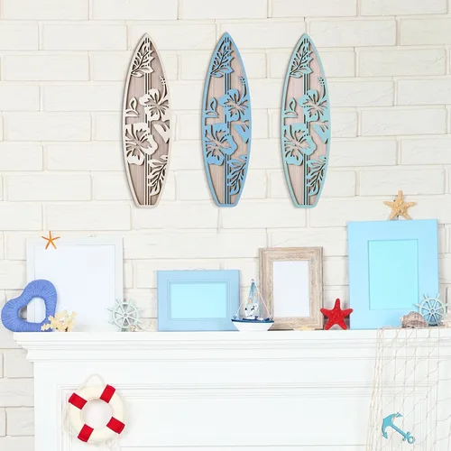 Vista 4 de RattanView 3 piezas de decoración de tabla de surf para dormitorio, decoración de pared de playa de madera, tabla de surf de madera de verano
