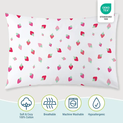 Vista 2 de Wildkin Funda de almohada para niños 100% algodón, suave, transpirable y tamaño estándar (20 x 30), parche de fresa