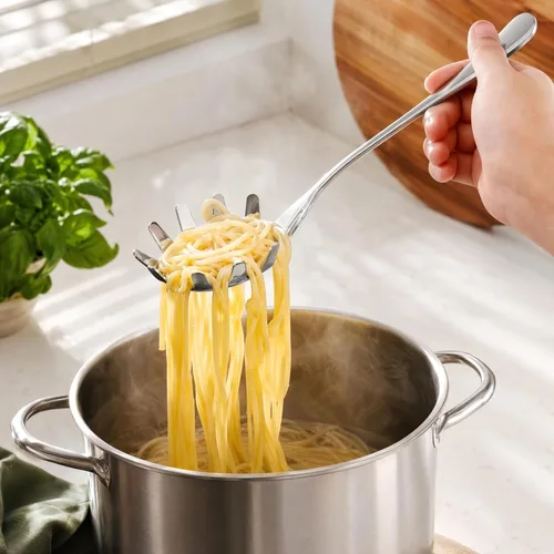 Vista 6 de Cabilock Cuchara de fideos, cuchara de pasta de acero inoxidable con dientes, espaguetis para recoger fideos, albóndigas y huevos, utensilio