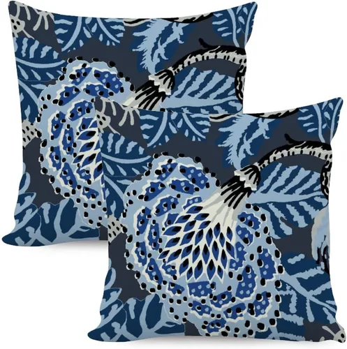 Vista 24 de Juego de 2 almohadas coloridas de estilo chinoiserie, color rosa intenso, azul real, peonía, floral, blanco, lino, estilo chinoiserie, para sofá