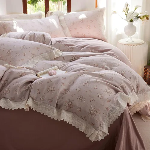 Vista 40 de Funda de edredón de flores rosadas, tamaño individual, elegante, con volantes, funda de edredón de encaje de algodón, juego de ropa de cama floral