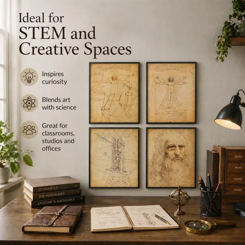 Vista 5 de Impresiones artísticas originales de Leonardo da Vinci – Gran decoración de aula de ciencias y oficina en casa, accesorios para dormitorio