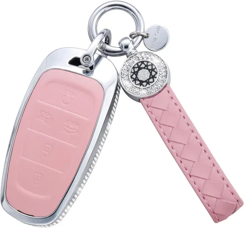 Vista 50 de Funda para llave inteligente con llavero, de piel auténtica color rosa, con cristales, carcasa protectora