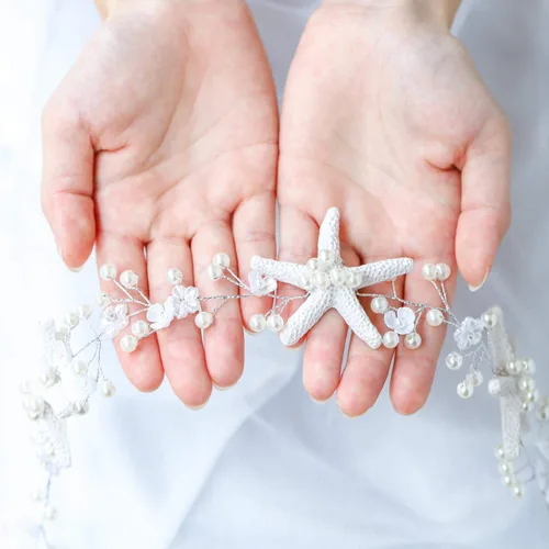 Vista 2 de Unicra Diadema de novia con estrella de mar, diadema de vid y perlas, accesorios para el cabello de boda en la playa, accesorios para el cabello