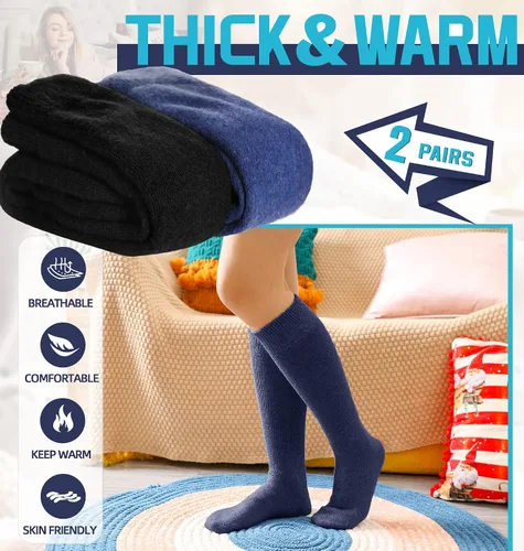 Vista 2 de DoSmart Calcetines altos de invierno para mujer, cálidos, de lana, acogedores, gruesos, para senderismo, esquí, cómodos, térmicos, 2 pares
