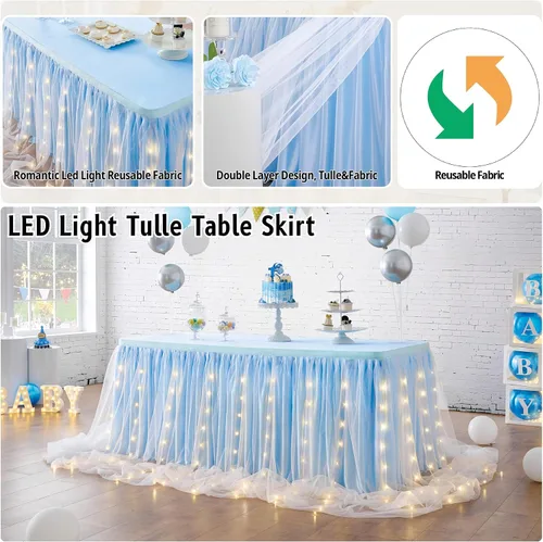 Vista 2 de Leegleri Falda de mesa de tul azul bebé con tutú y LED para baby shower, bodas, fiestas de cumpleaños - 15 pies para mesas rectangulares o redondas