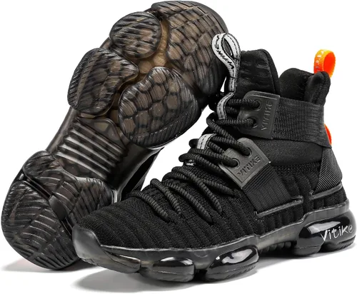 Vista 6 de VITUOFLY Zapatos de baloncesto para niños, con cámara de aire, para niñas, con aros de media parte superior, antideslizantes, para deportes al aire