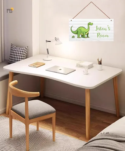 Vista 2 de Letrero de dinosaurio personalizado, bonito arte de dibujos animados para habitación de niños, decoración de pared de puerta, placa de arte floral