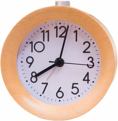 Vista 7 de Reloj despertador de madera redondo analógico sin tictac luz nocturna Snooze Marrón