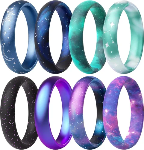 Vista 34 de ThunderFit Anillos de aniversario de silicona para mujer, 5.5 mm de ancho, 2 mm de grosor, bandas de goma de boda, paquete múltiple variado 1-12